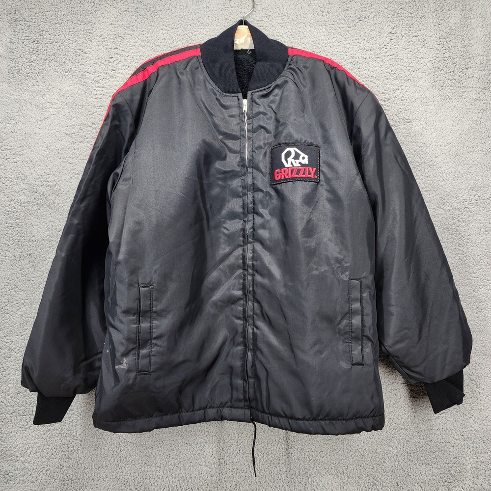 Vintage Grizzly Satin Bomber Jacket Sherpa Lined USA Black Red XL Workwear